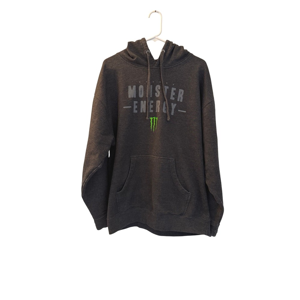 Monster Energy Hoodie Mens Charcoal Gray Y2K Logo‎ Pullover Sweatshirt XL
